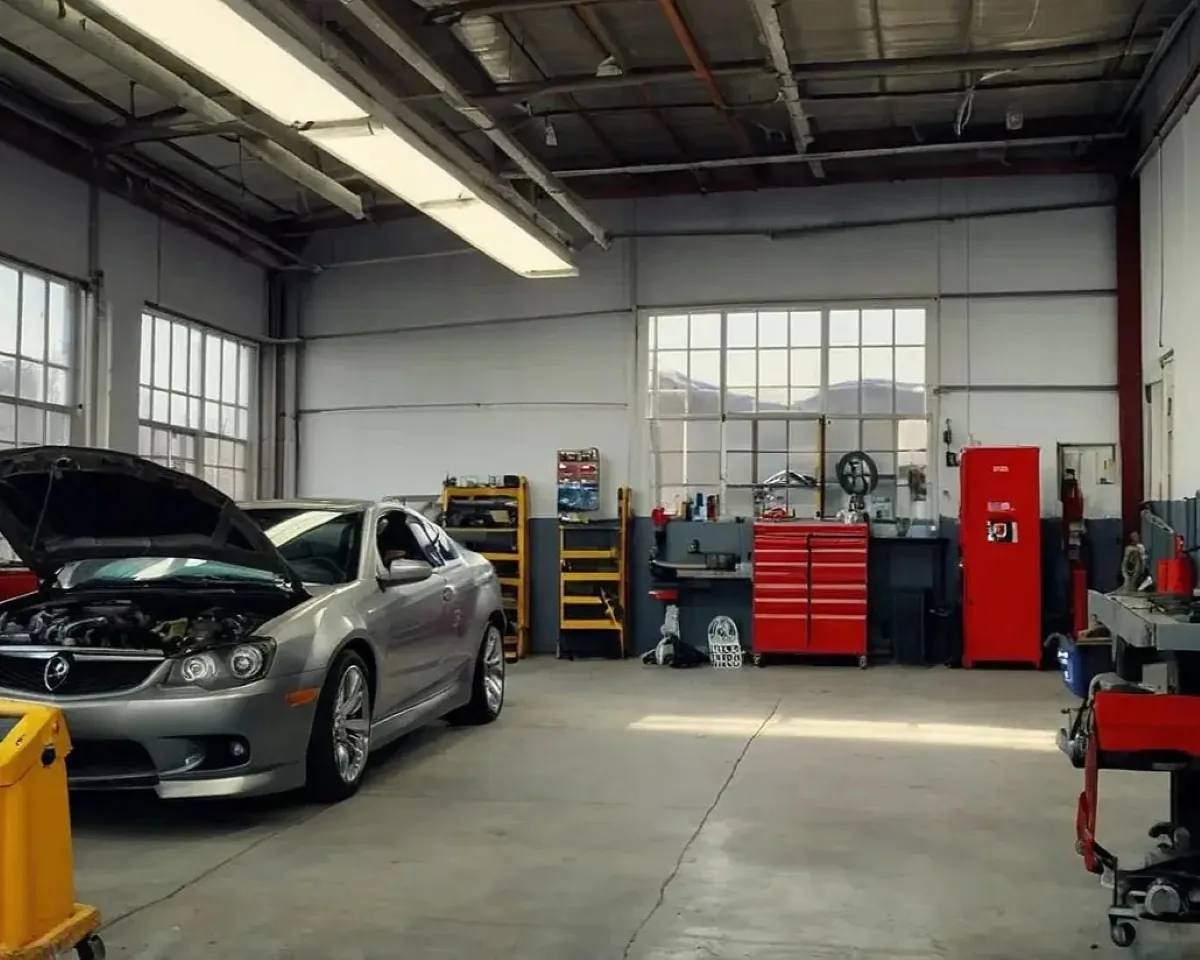 Automotive workshop with vehicle repair equipment and service tools