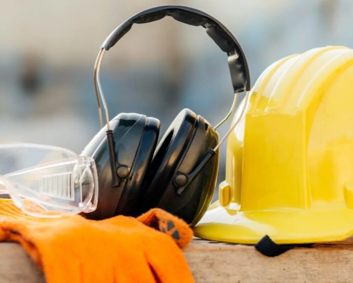 Personal protective equipment including safety helmet, earmuffs and gloves for industrial safety