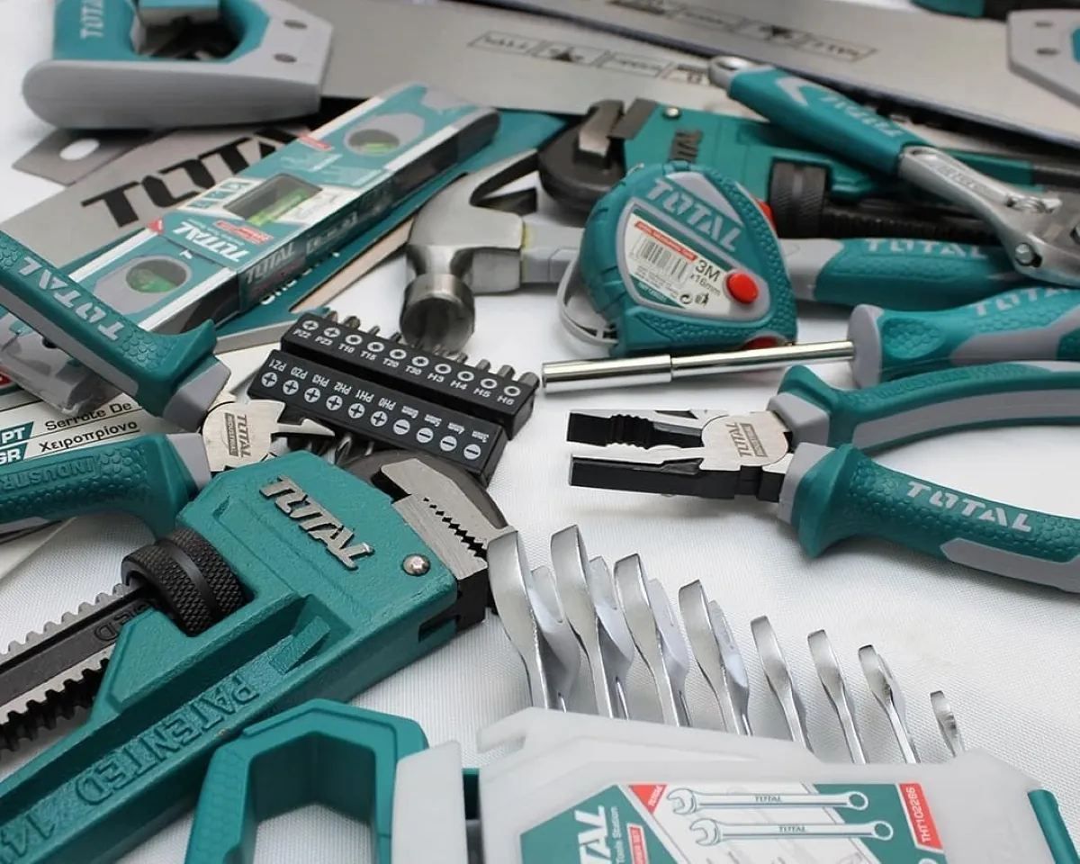 Professional hand tools including pliers, spanners and measuring tools for workshop use
