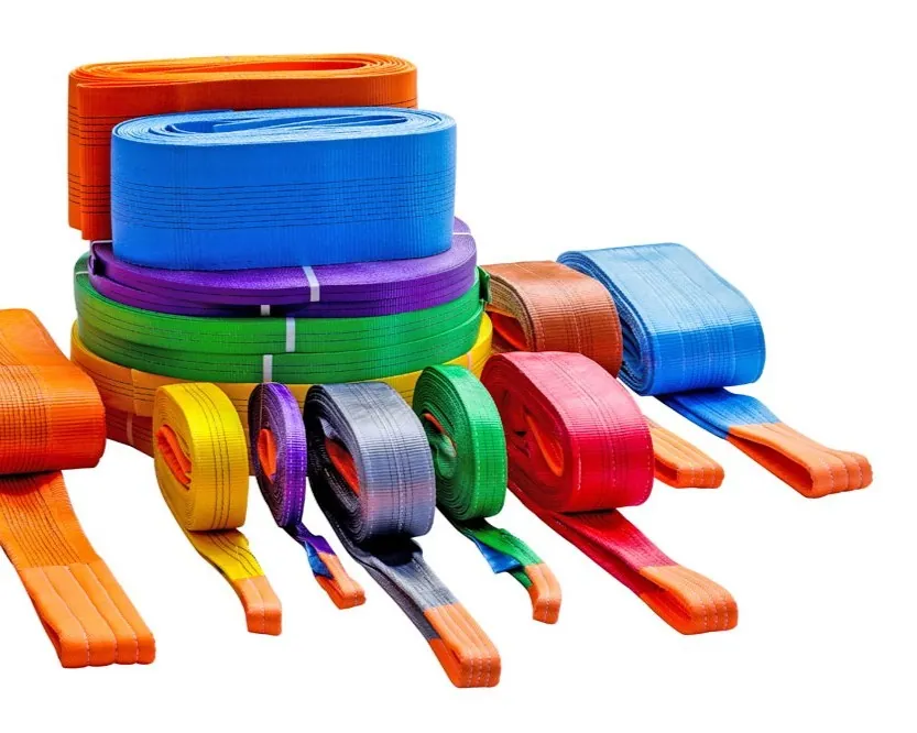 Heavy duty webbing slings and ratchet straps for load securing and lifting